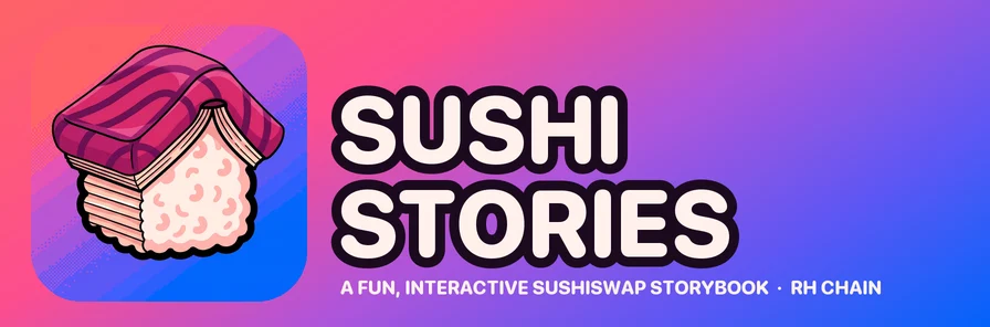 The SUSHI STORIES banner: the tuna-nigiri storybook beside the SUSHI STORIES wordmark, on a coral-to-blue sunset.